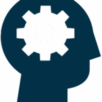 Silhouette of a human head with a gear symbol inside representing thinking.