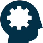 Silhouette of a human head with a gear symbol inside representing thinking.