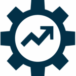 Dark blue gear with an upward trending graph icon inside.