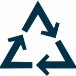 Dark blue recycling symbol with three arrows forming a triangle.