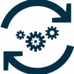 A dark blue circle with faint abstract shapes inside.