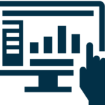 Hand pointing at a bar chart on a computer screen.