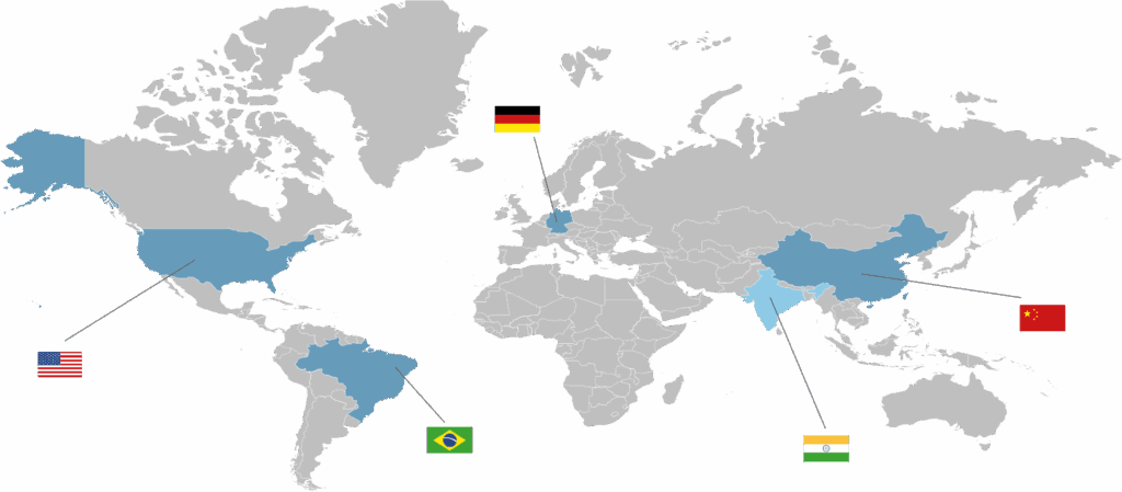 World map highlighting five countries with flags