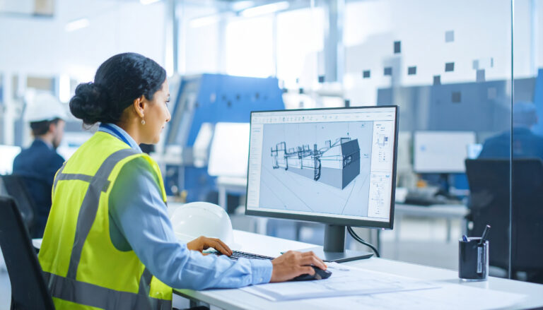 Engineer reviewing CAD model at workstation