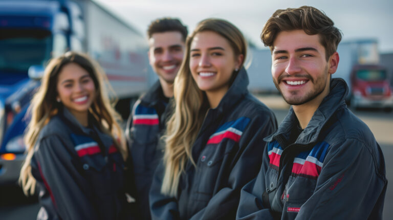 Smiling truck drivers standing together outdoors