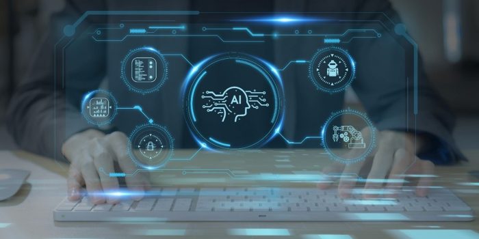 Futuristic AI technology interface with digital icons and data visualization.