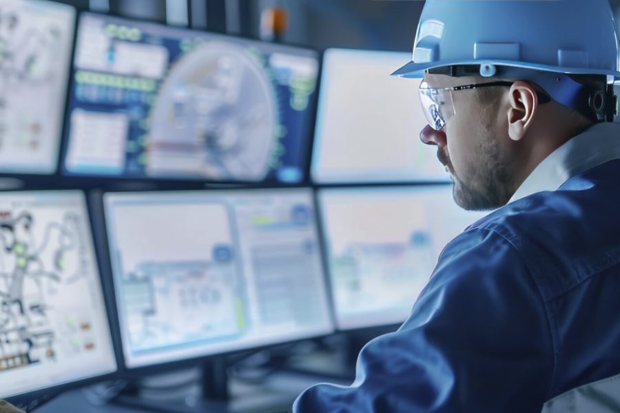 Engineer monitoring industrial control room screens