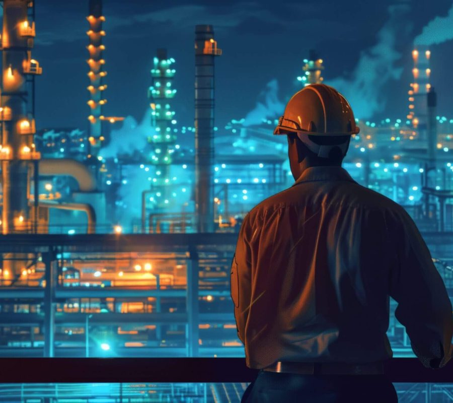 Engineer in hard hat overlooking illuminated refinery