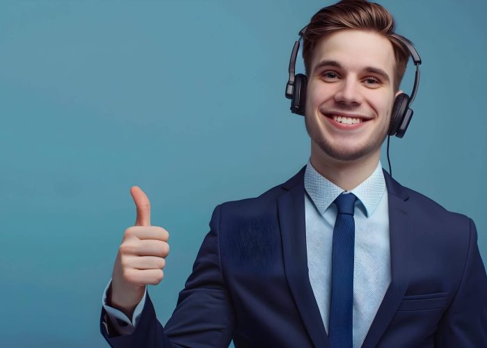 Smiling businessman wearing headset giving thumbs-up