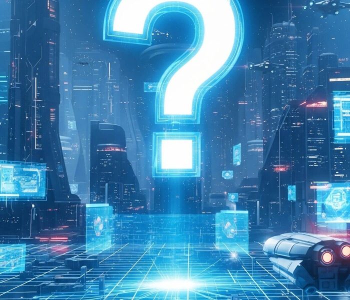 Futuristic holographic question mark above neon city